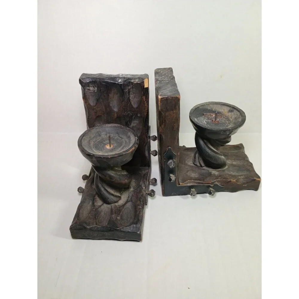 VTG Mid Century Hand Carved Twisted Wood Candle Holder Bookends Made In Spain